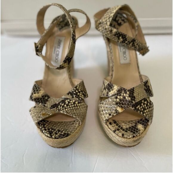 Jimmy Choo Phoenix Snake Print Leather Raffia Platform Wedge Shoe Size 41, US 11 - Picture 7 of 15